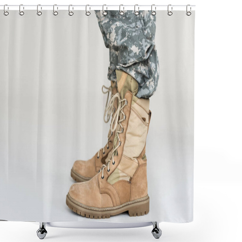 Personality  Partial View Of Male Soldier In Camouflage Clothing And Boots On Grey Background Shower Curtains