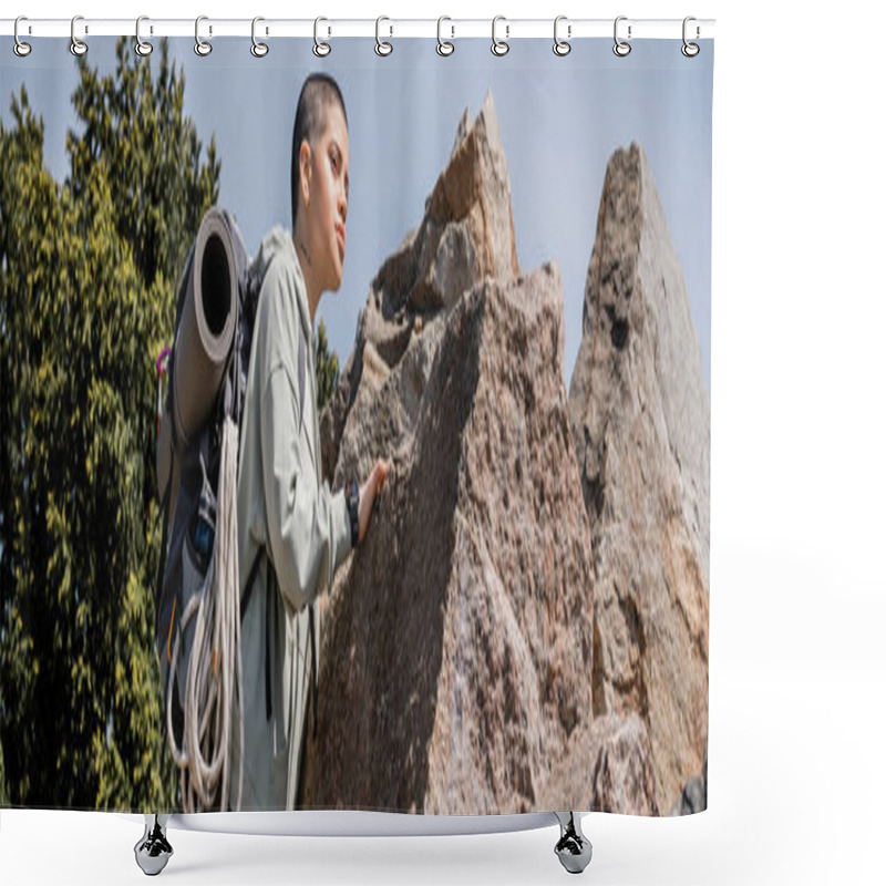 Personality  Young Short Haired And Tattooed Female Hiker With Backpack And Travel Equipment Touching Stone And Looking Away With Blue Sky At Background, Exploring New Horizons, Banner, Summer Shower Curtains