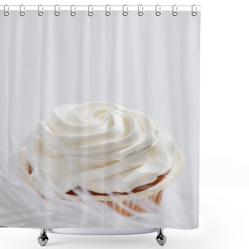 Personality  Blurred Soft Feather Near Tasty Cupcake Isolated On White  Shower Curtains