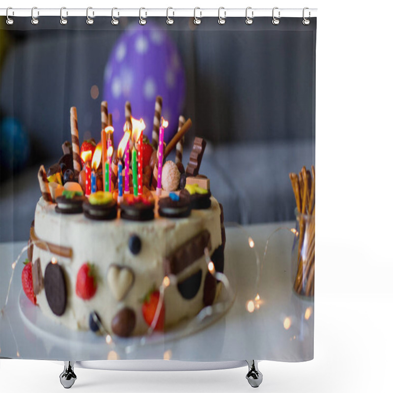 Personality  Homemade Birthday Cake With Lots Of Chocolate On Top, Cookies And Strawberries, Indoors Shower Curtains