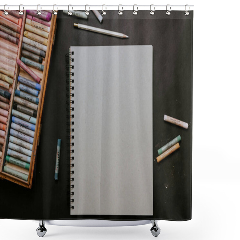 Personality  Art Supplies With Blank Sketchbook Surrounded By Pastels And A Pencil. Shower Curtains