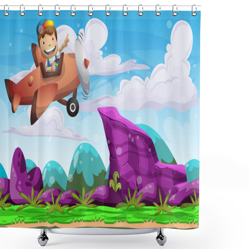 Personality  Cartoon Vector Kid On A Plane Background With Separated Layers Shower Curtains