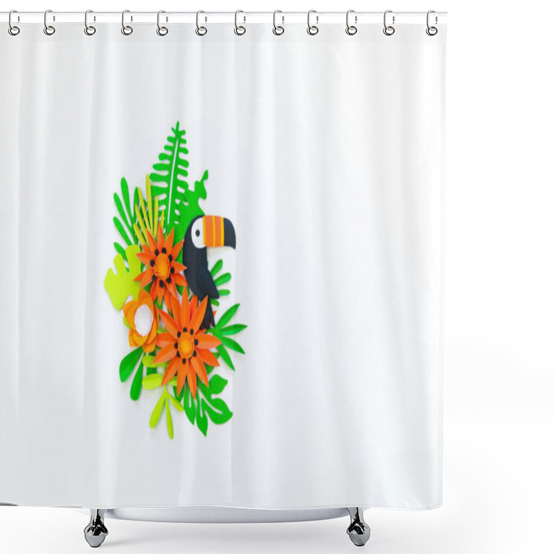 Personality  Decorative Arrangement Of Tropical Leaves And Flowers. Toucan Bird Made Of Paper. Shower Curtains