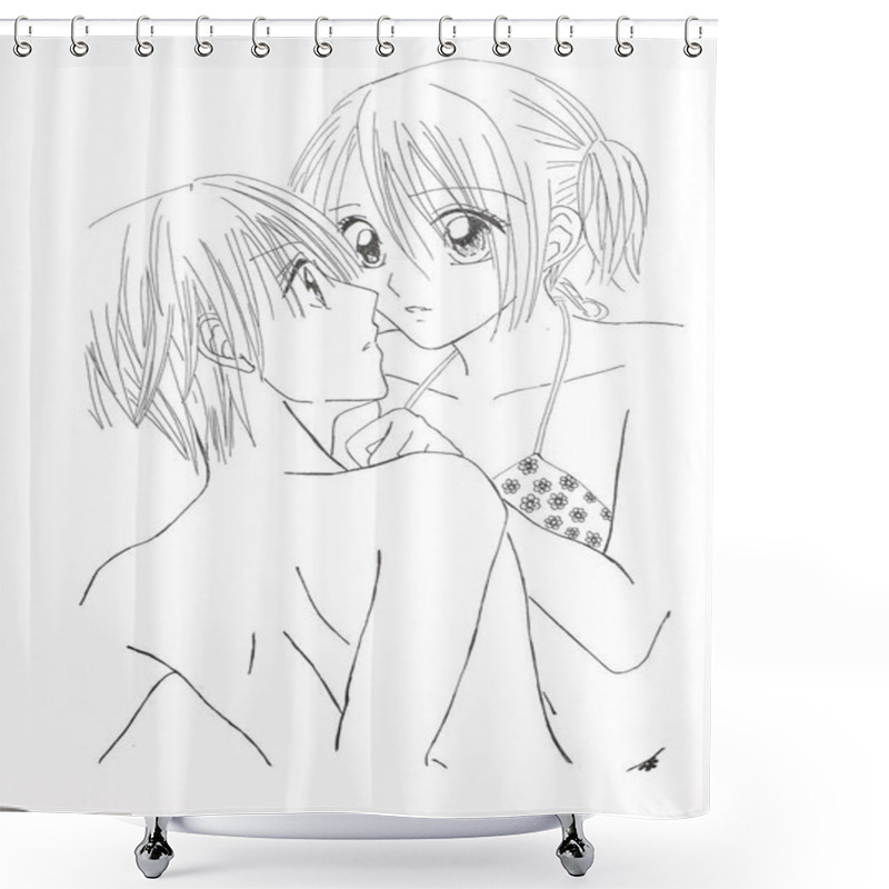 Personality  Drawing In The Style Of Anime. Image Enamored Girl And The Guy In The Picture In The Style Of Japanese Anime Shower Curtains