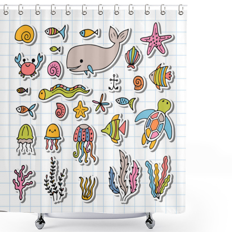 Personality  Set Of Sea Animals In Hand Drawn Style. Ocean Life. Underwater, Under The Sea, Marine. Vector Illustration Shower Curtains