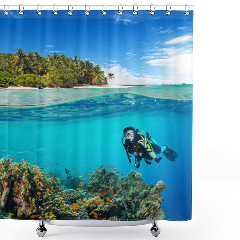 Personality  Under And Above Water Surface View Of Woman Diver. Underwater Fauna And Flora, Marine Life And Exotic Island On Background Shower Curtains