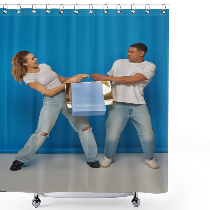 Personality  Consumerism, Interracial Man And Woman Pulling Shopping Bags On Blue Backdrop, Holiday Sales Shower Curtains