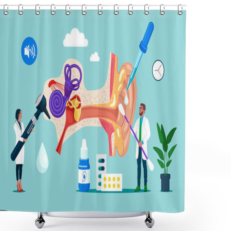 Personality  Outer Inner And Middle Ear Diagram. Doctors Otolaryngologist. Deafness Examination And Treatment. Flat Vector Illustration. Shower Curtains