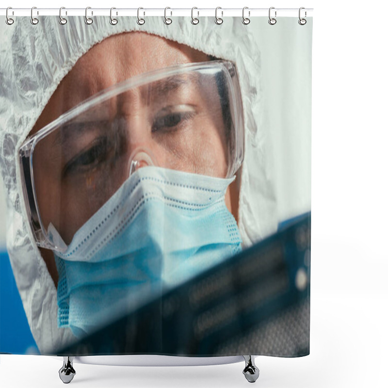 Personality  Engineer In Protective Goggles And Medical Mask Holding Computer Component Shower Curtains