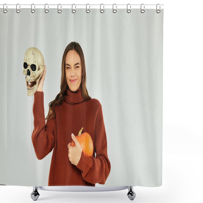 Personality  A Young Beautiful Woman Embraces Halloween Spirit By Holding A Skull And Pumpkin With A Smile. Shower Curtains