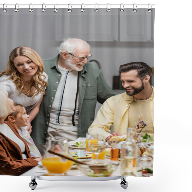 Personality  Happy Family Smiling Near Table Served With Eastern Dinner Shower Curtains