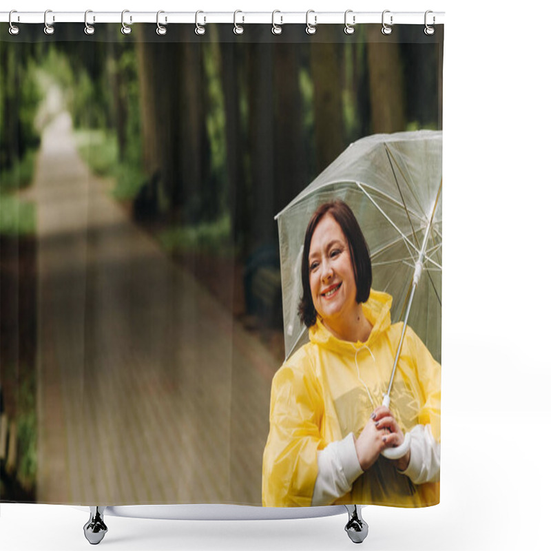 Personality  A Woman In A Yellow Raincoat And An Umbrella Walks In The Park And Garden In Summer. Shower Curtains