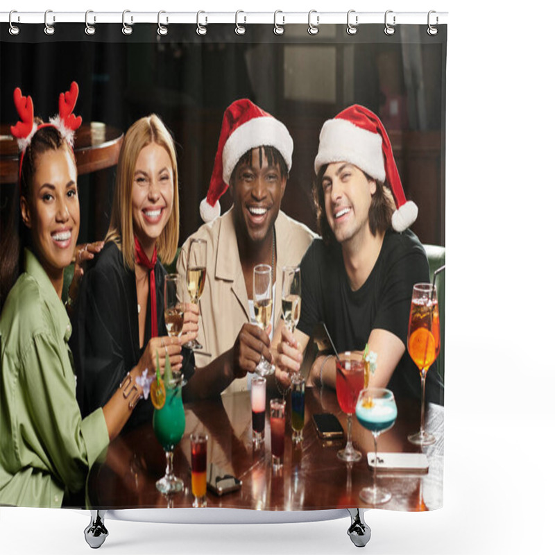 Personality  Diverse Colleagues Raise Their Glasses Cheerfully During A Spirited Corporate Celebration. Shower Curtains