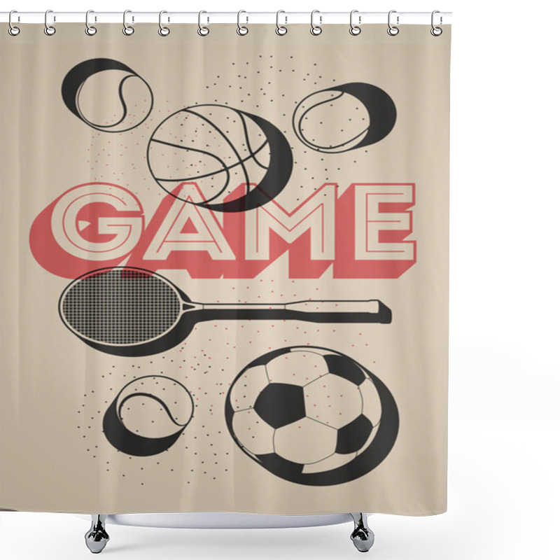 Personality  Vintage Sport Poster With Basketball, Football, Tennis Balls And Racket. Retro Vector Illustration. Shower Curtains