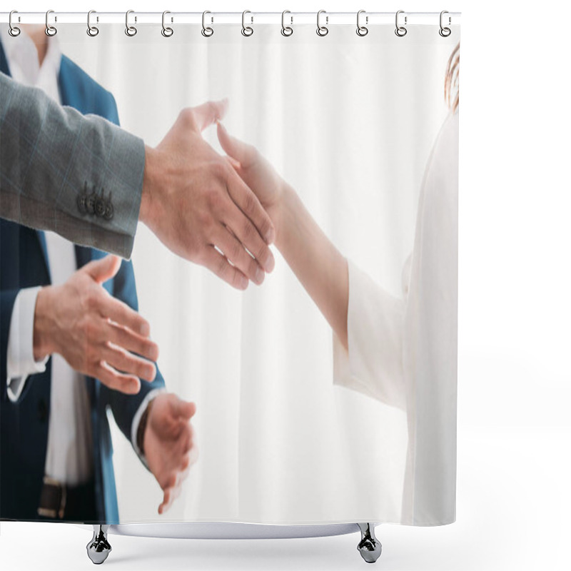 Personality  Selective Focus Of Men And Woman Shaking Hands At Office  Shower Curtains