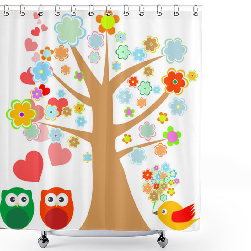 Personality  Owls In Love And Bird With Cute Floral Tree Shower Curtains