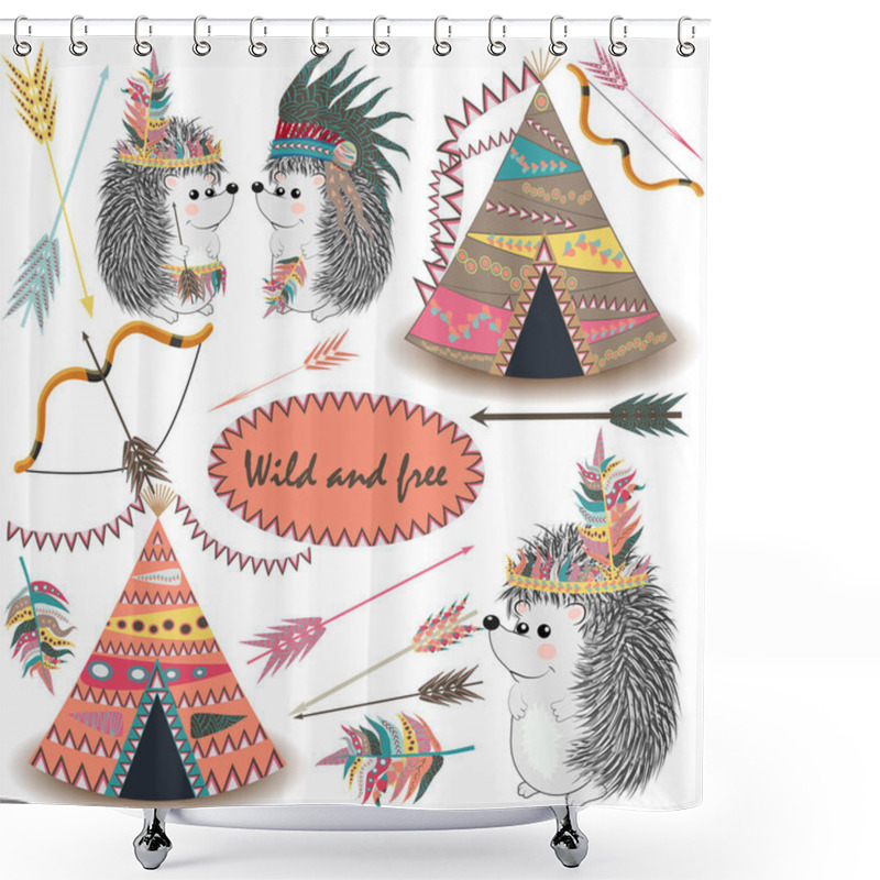 Personality  Tribal Collections Set With Teepee Tens, Arrows, Feathers, Tribal Borders, Indian Hedgehog And Feather Headdress. Shower Curtains