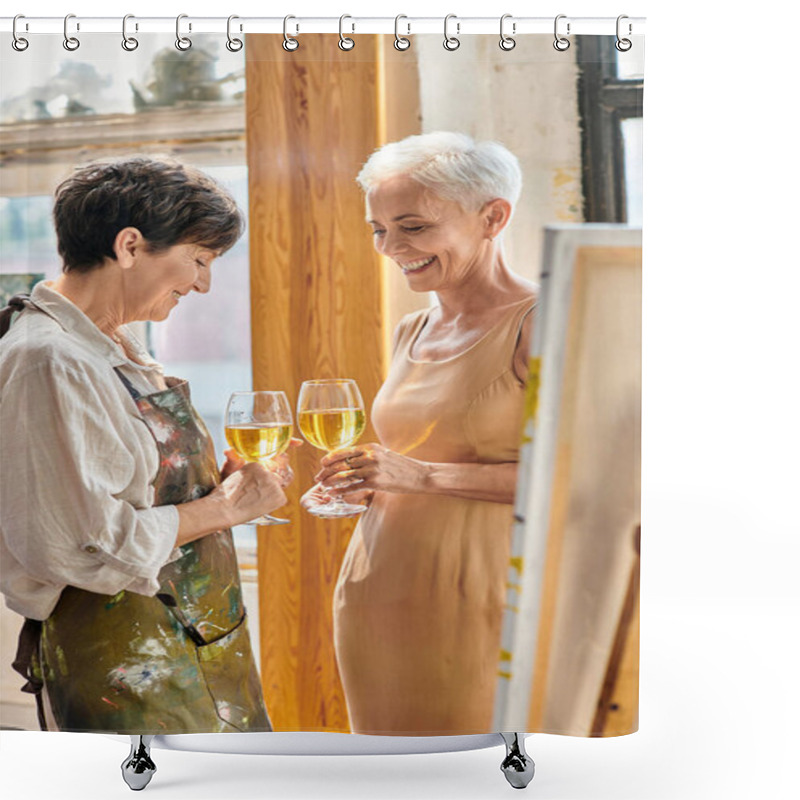 Personality  Smiling Female Artist And Elegant Mature Model Clinking Wine Glasses In Modern Art Workshop Shower Curtains