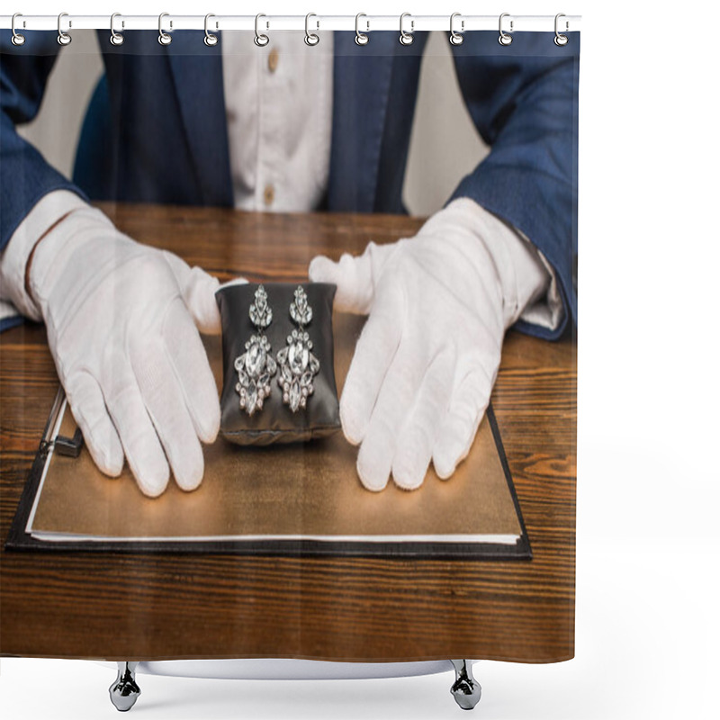 Personality  Cropped View Of Jewelry Appraiser Holding Jewelry Earnings On Jewelry Pillow Near Board On Table Isolated On Grey Shower Curtains