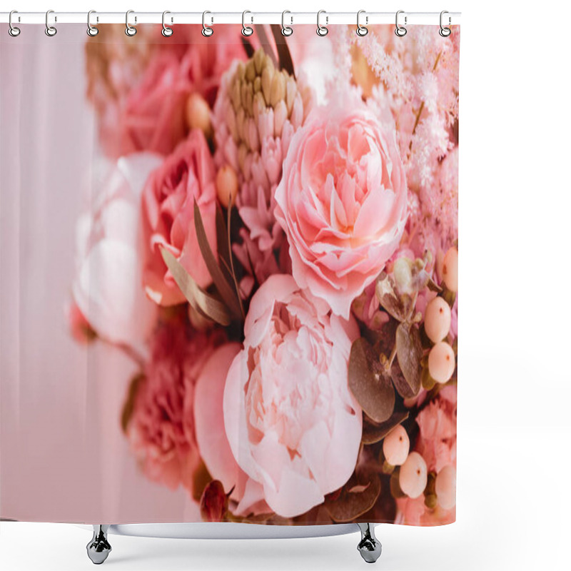 Personality  Beautiful Blossoming Flowers: Peonies, Roses, Ranunculus, Tulips, Carnations,eustoma Lisianthks Hydrangea In Tender Living Coral Colour Shower Curtains