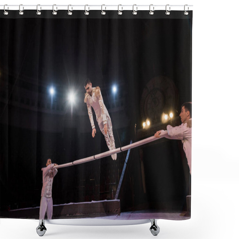 Personality  Handsome Gymnast Exercising On Pole Near Acrobats In Circus Shower Curtains