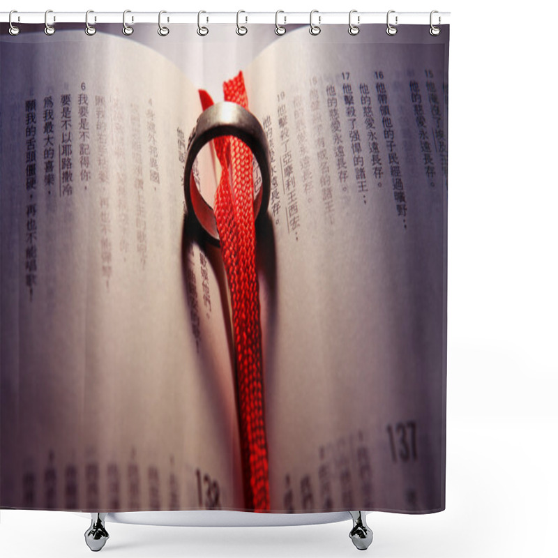 Personality  Wedding Ring On A Chinese Bible Shower Curtains