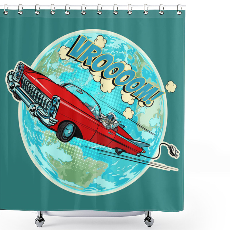 Personality  Electric Vehicle With An Astronaut Flying In Space Over The Plan Shower Curtains