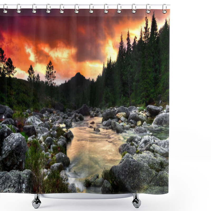 Personality  Beautiful View Of A Mountain River At Sunset Shower Curtains