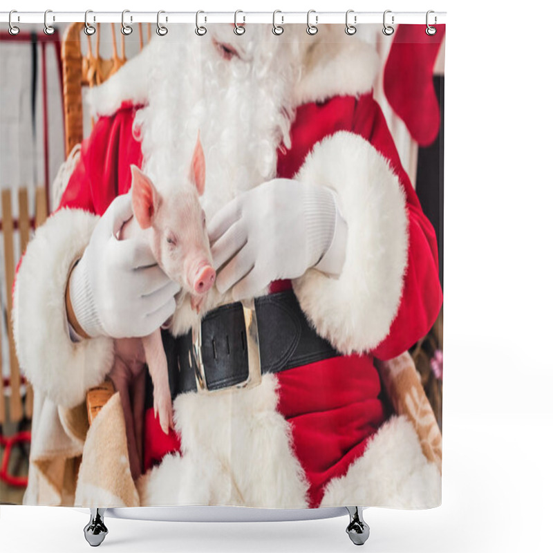 Personality  Cropped Shot Of Santa Holding Pig And Sitting In Rocking Chair Shower Curtains