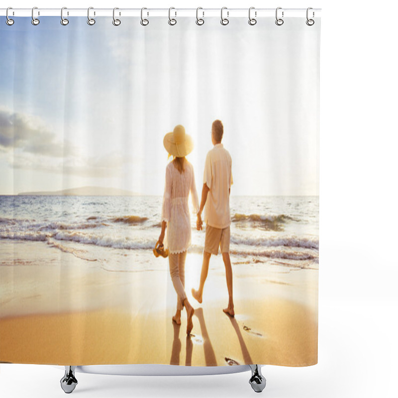 Personality  Mature Couple Walking On The Beach At Sunset Shower Curtains