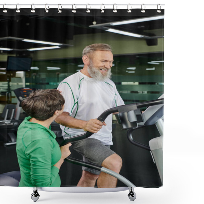 Personality  Happy And Bearded Senior Man Exercising Near Woman In Gym, Husband And Wife, Active Seniors, Sport Shower Curtains