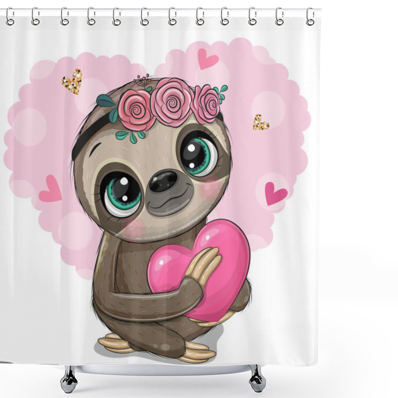 Personality  Cartoon Sloth With A Heart On An Heart Backgrouns Shower Curtains