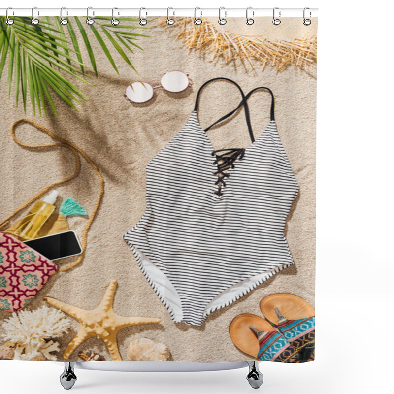 Personality  Top View Of Swimsuit And Various Female Accessories Lying On Sandy Beach Shower Curtains