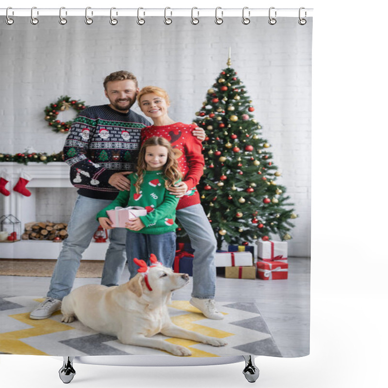 Personality  Smiling Family In Christmas Sweaters Holding Present Near Labrador At Home  Shower Curtains