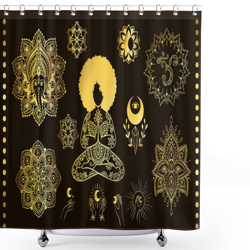 Personality  Lord Ganesha, Yoga Pose, Lotus, Chakra, Moon, On, Hand. India Set. God With Elephant Head. Vector Illustration Of Happy Ganesh Chaturthi. Mandala, Medallion Yoga Gold Shower Curtains