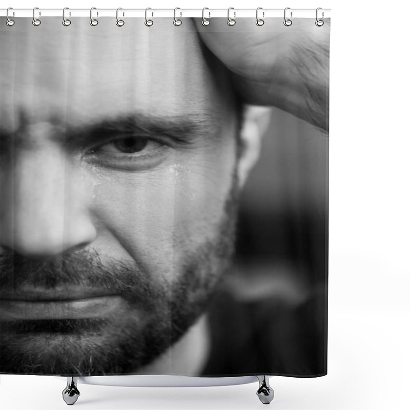 Personality  Black And White Portrait Of Bearded Crying Man Looking At Camera Shower Curtains