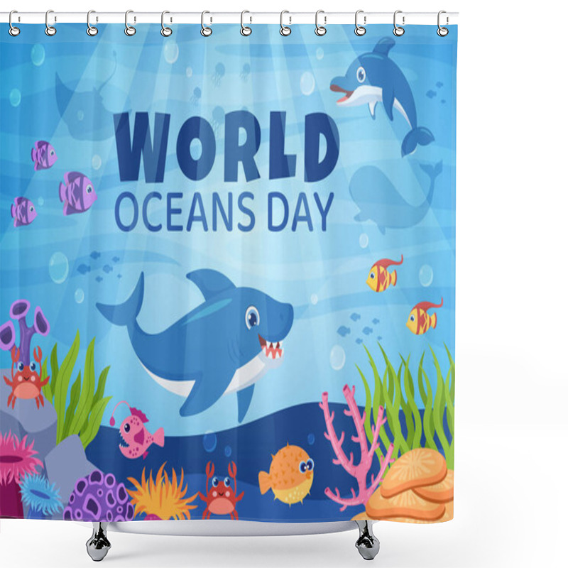 Personality  World Ocean Day Cartoon Illustration With Underwater Scenery, Various Fish Animals, Corals And Marine Plants Dedicated To Helping Protect Or Preserve Shower Curtains