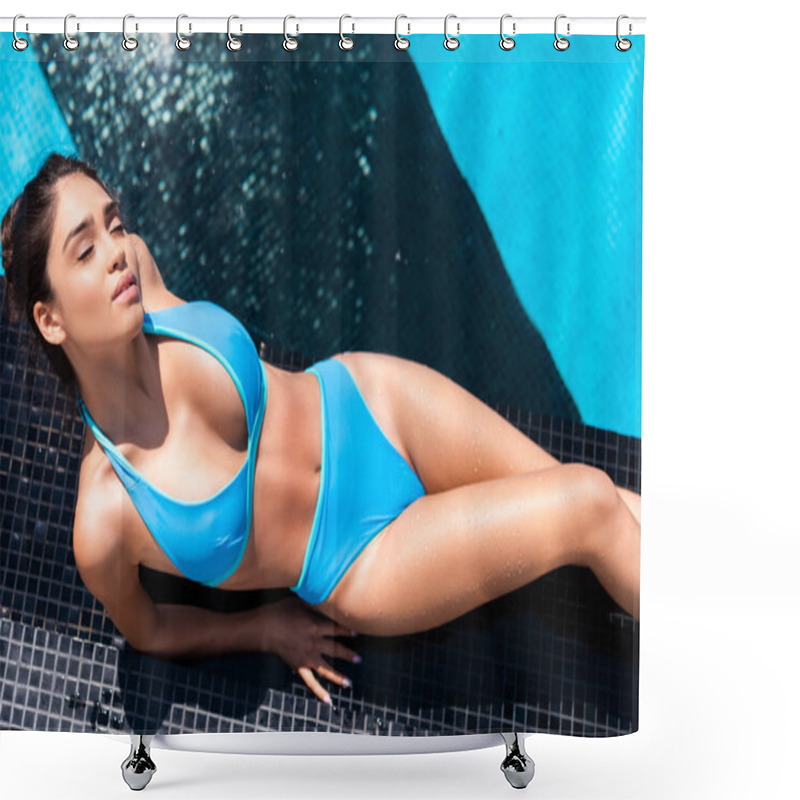 Personality  Top View Of Beautiful Woman In Bikini Sunbathing At Swimming Pool Shower Curtains