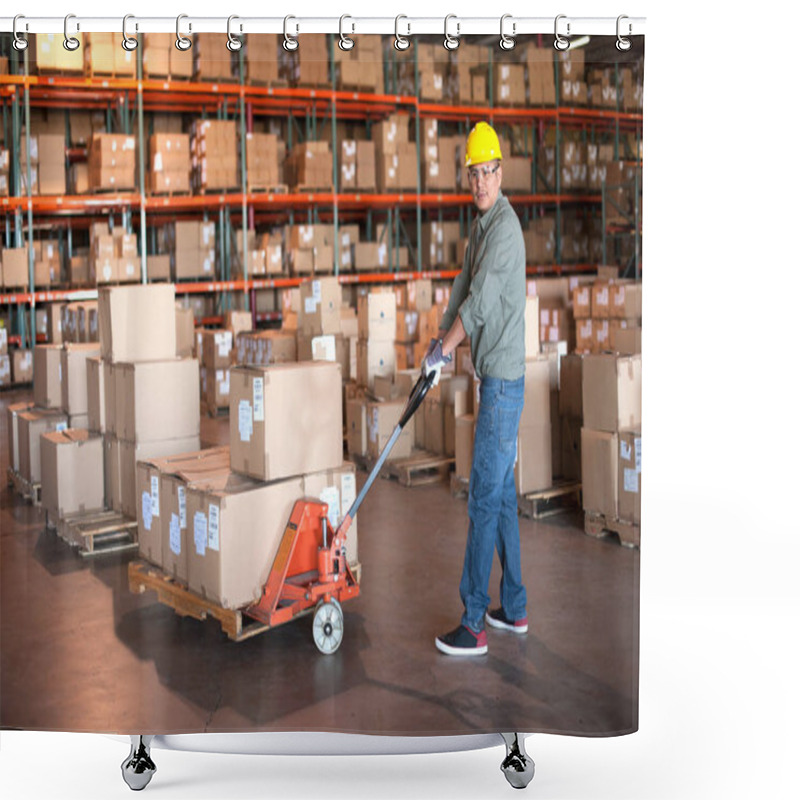 Personality  Male Warehouse Worker Operating Pallet Jack Shower Curtains