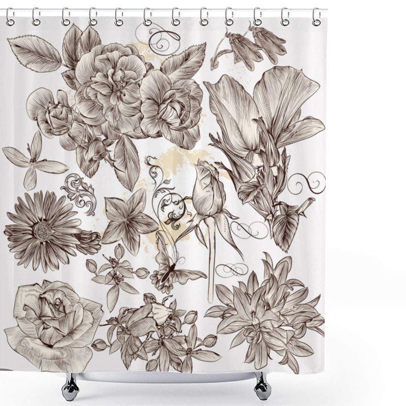 Personality  Collection Of Vector Hand Drawn Detailed Flowers For Design Shower Curtains