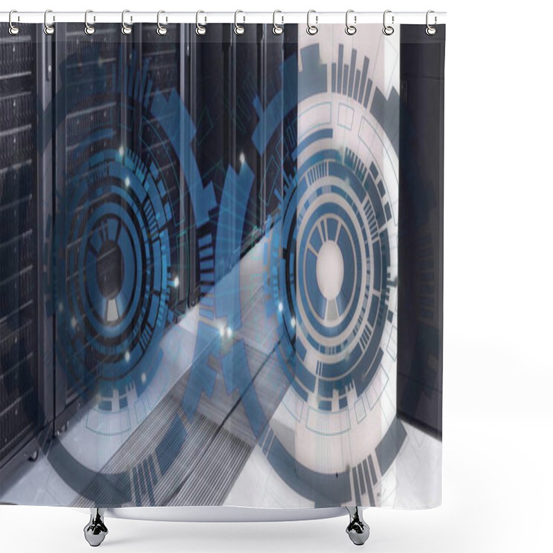 Personality  Image Of Two Blue Circular Scanners Processing Over Server Room. Connection, Data, Processing, Digital Interface And Communication, Digitally Generated Image. Shower Curtains