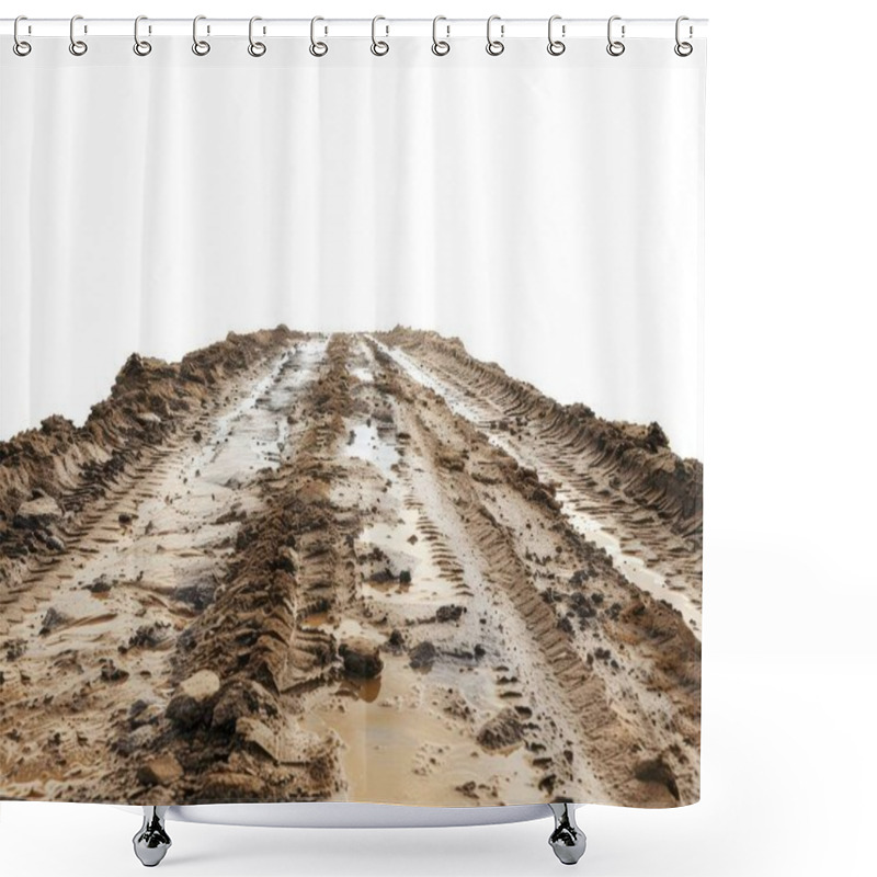 Personality  Close-up Of Muddy Tire Tracks On A Dirt Road, Showcasing The Rich Texture Of Earth And Water. Shower Curtains