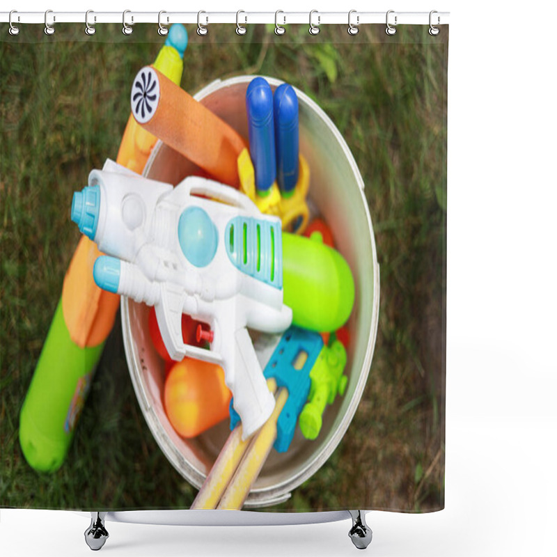 Personality  Upper View With Different Water Toys Pistols Guns For Kids Toddlers. One Water Pistol In Foreground. Photo Taken On A Warm Summer Day. Shower Curtains