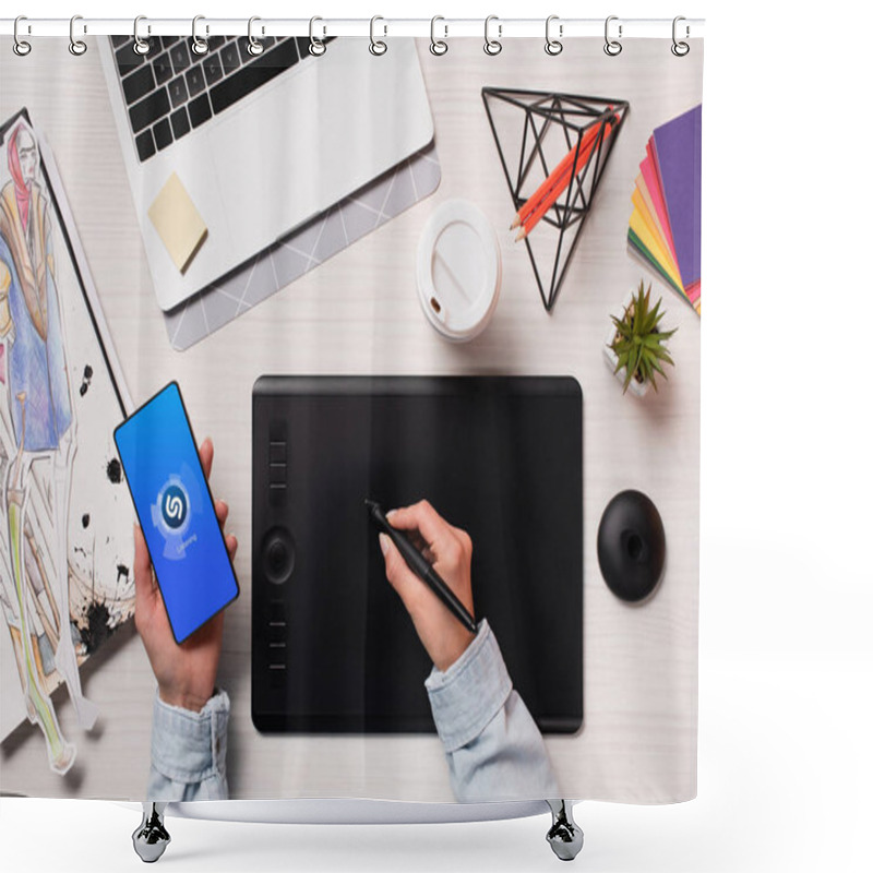 Personality  Cropped View Of Designer Using Graphics Tablet, Pen And Smartphone With Shazam App On Screen, Flat Lay Shower Curtains