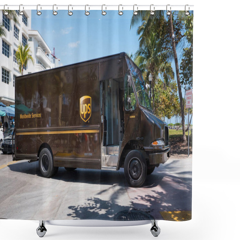 Personality  MIAMI, USA - MARCH 14, 2016: UPS Van Parked In South Beach. UPS Is One Of Largest Package Delivery Companies Worldwide. Shower Curtains