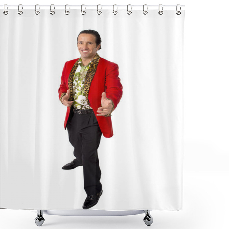 Personality  Funny Rake Playboy And Bon Vivant Mature Man Wearing Red Casino Jacket And Hawaiian Shirt Standing Happy Posing Gigolo Alike Shower Curtains