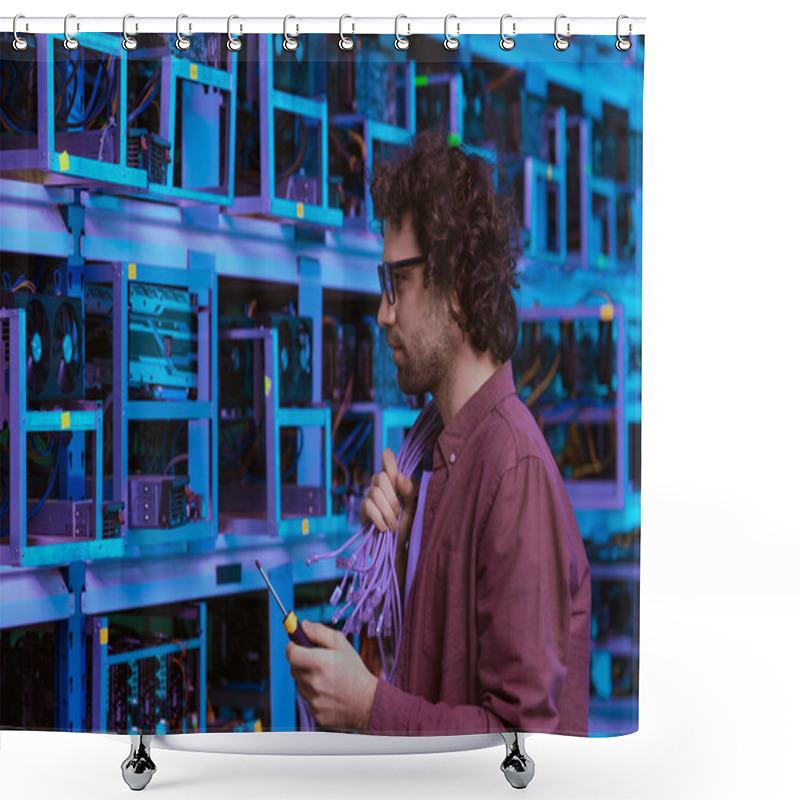 Personality  Computer Engineer With Wires On Shoulder At Ethereum Mining Farm Shower Curtains