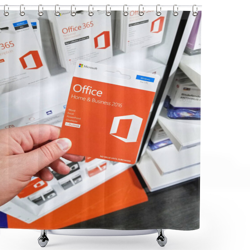 Personality  MONTREAL, CANADA - MARCH 10, 2018: MIcrosoft Office 365 Subscribtion Card In A Hand. Office 365 Is The Brand Name Microsoft Uses For A Group Of Subscriptions That Provide Productivity Software. Shower Curtains