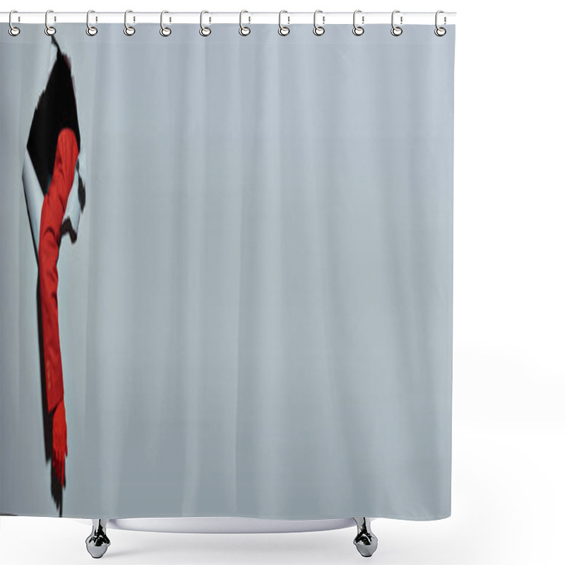 Personality  Cropped Banner Of Woman With Red Sleeve And Glove Breaking Though Hole In Grey Background, Concept Shower Curtains