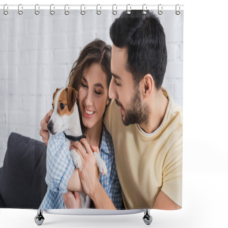 Personality  Happy Interracial Couple Petting Jack Russell Terrier  Shower Curtains